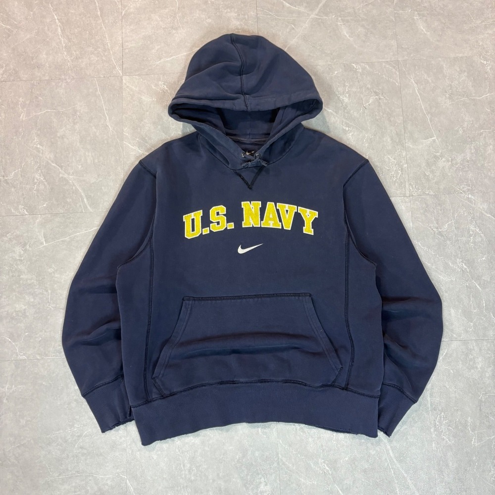 Nike US Navy Hoodie Mens Medium Blue Yellow Swoosh Pullover Sweatshirt 2749